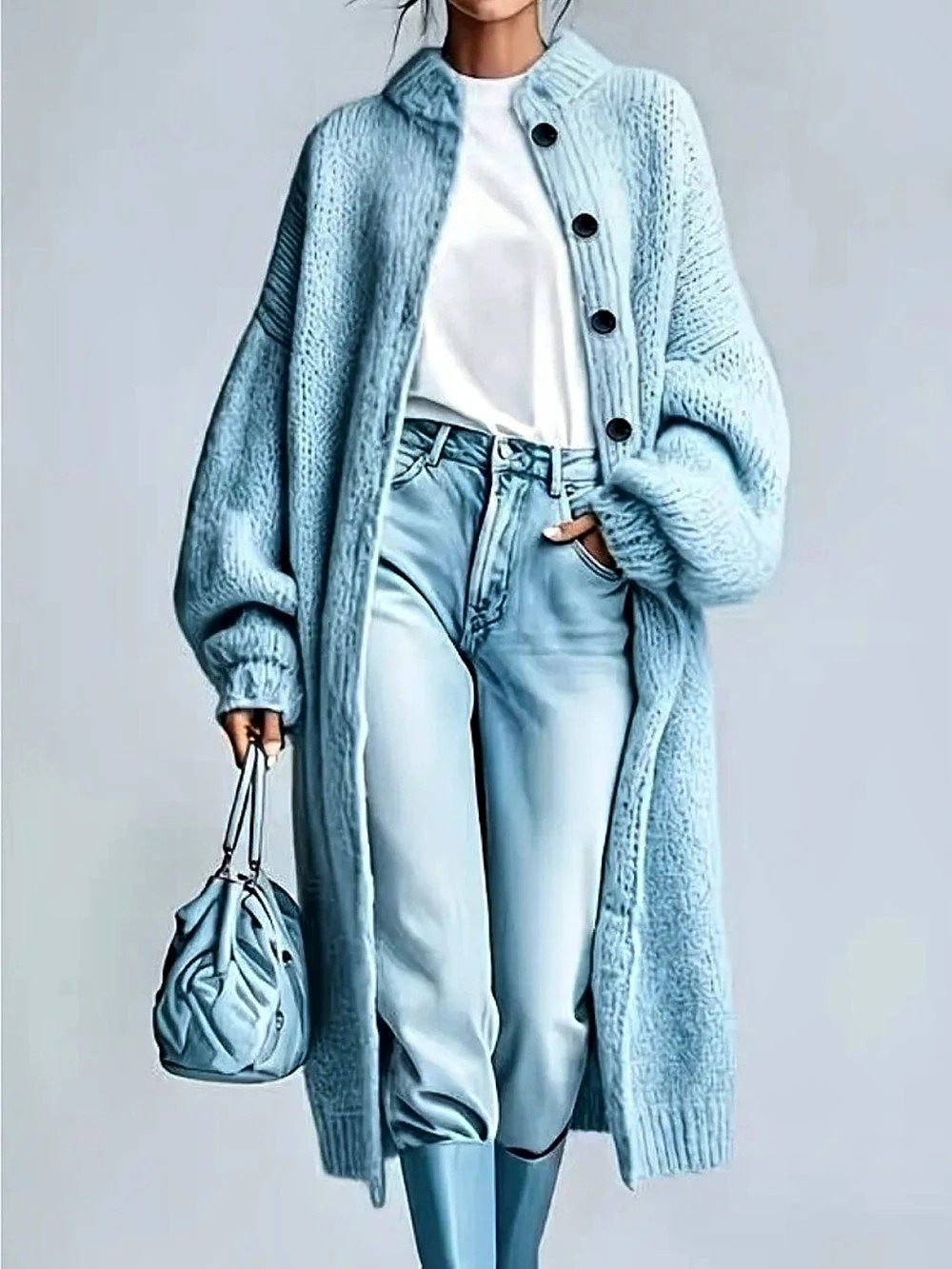 Blue Knit Long Cardigan drop shoulder sweater